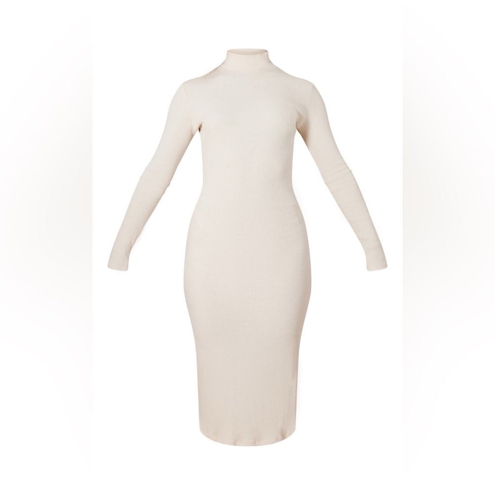 Cream Rib High Neck Long Sleeve Maxi Dress 🍦